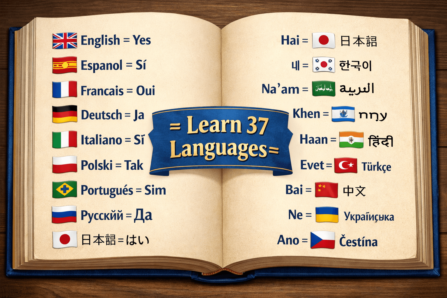 Open book illustration showing 37 languages, flags, and the word yes